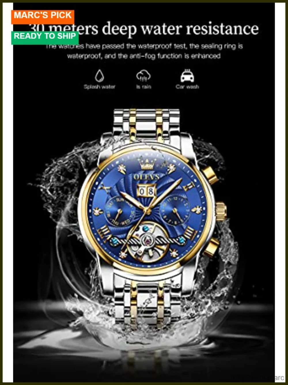 Men's Automatic Skeleton Mechanical Watch Stainless Steel Waterproof Calendar